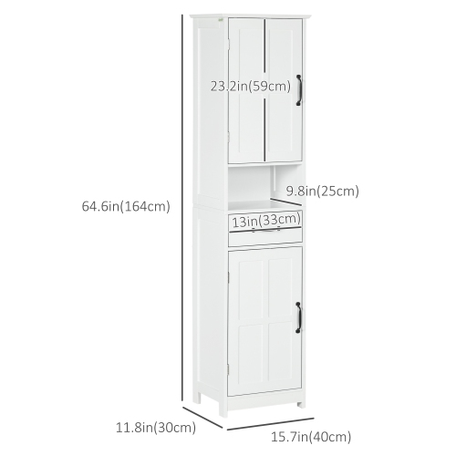 kleankin Bathroom Storage Cabinet, Narrow Bathroom Cabinet with Open Shelf, Drawer, Recessed Doors and Adjustable Shelves, White