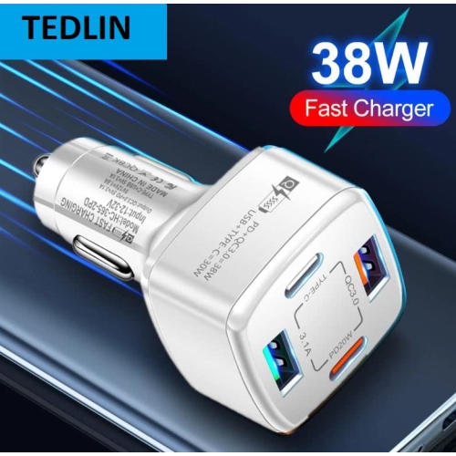 2 PACK of TEDLIN USB PD 4 ports Car Charger Type C Fast Charging Mobile Phone Charger for Car USB C Quick Charge 3.0 Tablet Car Lighter Chargers QC