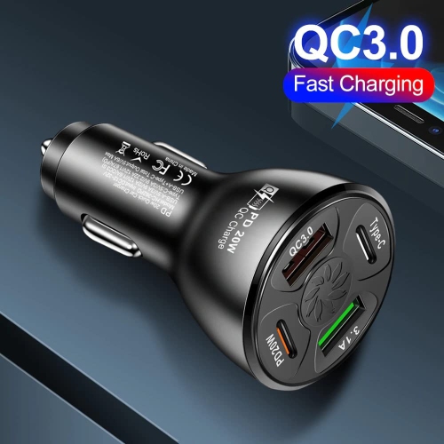 2 Pack of USB Fast Car Charger USB Type C / PD Fast Charger 20W 4 Port Multi-Functional Charger Power Adapter Compatible with iPad iPhone and Android