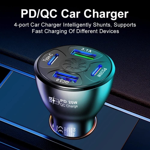 2 Pack of USB Fast Car Charger USB Type C / PD Fast Charger 20W 4 Port Multi-Functional Charger Power Adapter Compatible with iPad iPhone and Android