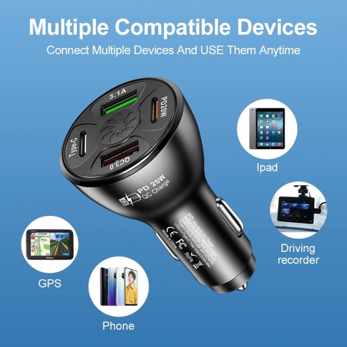 2 Pack of USB Fast Car Charger USB Type C / PD Fast Charger 20W 4 Port Multi-Functional Charger Power Adapter Compatible with iPad iPhone and Android