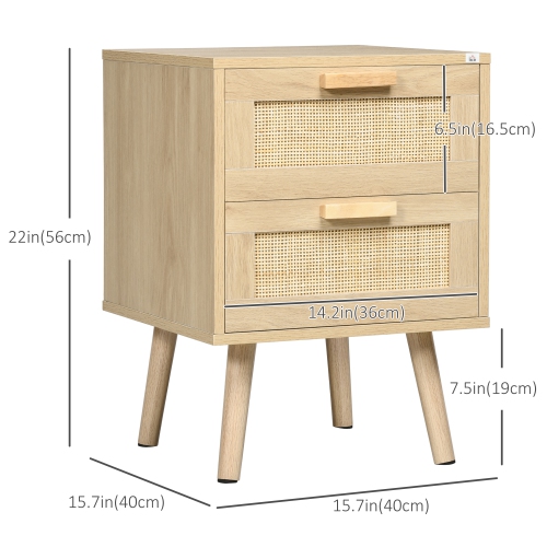 HOMCOM Boho Design Nightstand Set of 2, Rattan Bedside Table, Side End Table with 2 Drawers for Bedroom, Natural Wood Effect