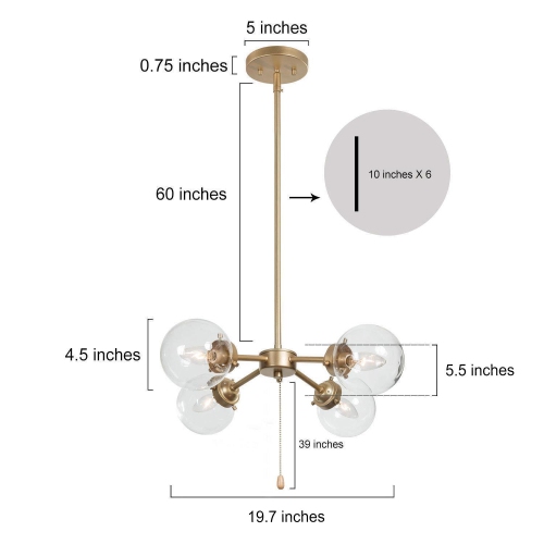 Modern Gold Sputnik Bedroom Chandelier, 4-Light Island Chandelier with Adjustable Pull Chain Switch