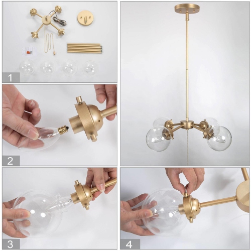 Modern Gold Sputnik Bedroom Chandelier, 4-Light Island Chandelier with Adjustable Pull Chain Switch