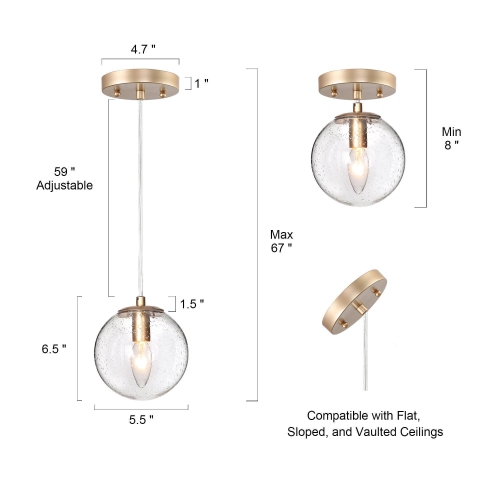 Modern Globe Kitchen Island Pendant Light, 1-Light Gold with Seeded Globe Glass Modern/Contemporary Seeded Glass Globe LED Mini Hanging Pendant Light