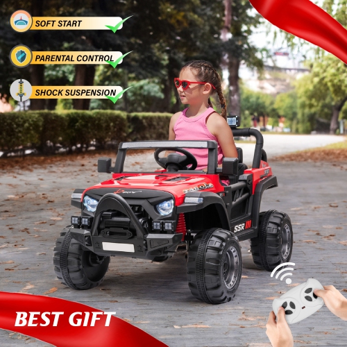 12V Jeep with Angry Face Grill Kids Ride On Car Toy with Lights and Remote Control