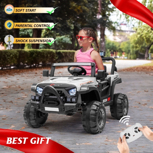 12V Jeep with Angry Face Grill Kids Ride On Car Toy with Lights and Remote Control