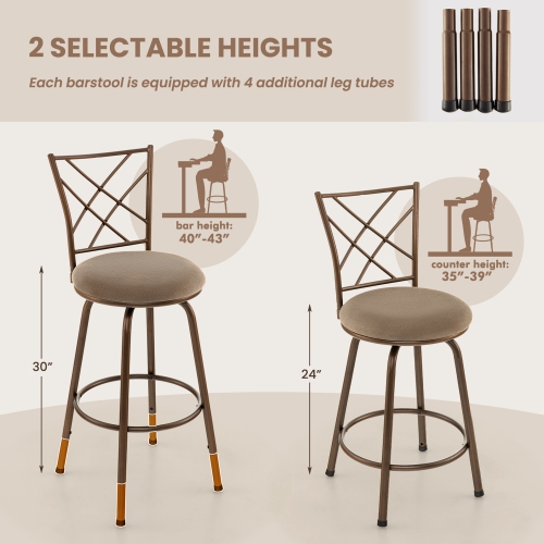 Costway Set of 2 24/30 Inch Adjustable Swivel Barstools Metal Dining Chairs Brown