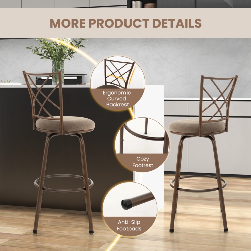 Costway Set of 2 24/30 Inch Adjustable Swivel Barstools Metal Dining Chairs Brown