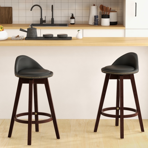 Costway Set of 2 Upholstered Swivel Barstools 29" Wooden Dining Chairs with Low Back Black