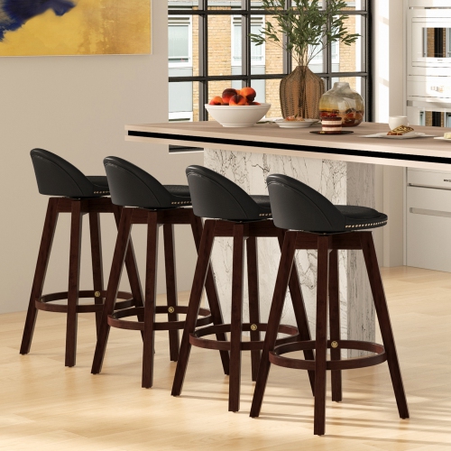 Costway Set of 2 Upholstered Swivel Barstools 29" Wooden Dining Chairs with Low Back Black