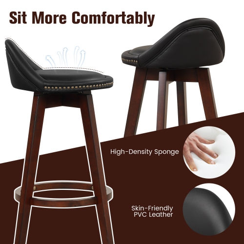 Costway Set of 2 Upholstered Swivel Barstools 29" Wooden Dining Chairs with Low Back Black