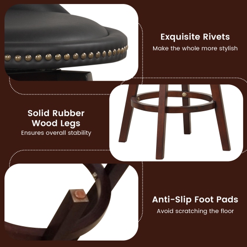 Costway Set of 2 Upholstered Swivel Barstools 29" Wooden Dining Chairs with Low Back Black