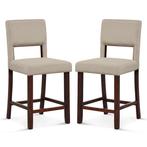 COSTWAY  Set Of 2 Upholstered Linen Bar Stools 24.5" Wooden Dining Chairs With Back