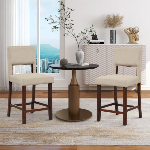 Costway Set of 2 Upholstered Linen Bar Stools 24.5" Wooden Dining Chairs with Back