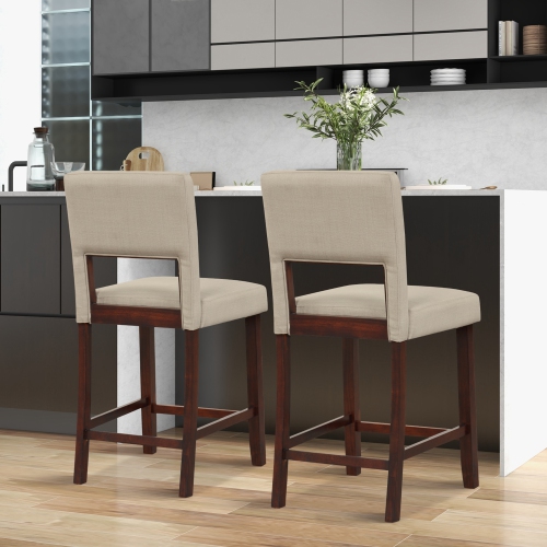 Costway Set of 2 Upholstered Linen Bar Stools 24.5" Wooden Dining Chairs with Back