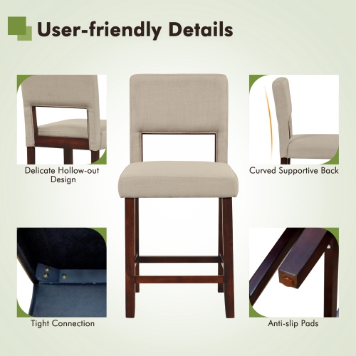 Costway Set of 2 Upholstered Linen Bar Stools 24.5" Wooden Dining Chairs with Back