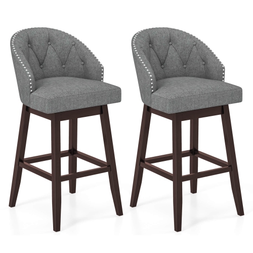 Costway Set of 2 Swivel Bar Stools Tufted Bar Height Pub Chairs with Rubber Wood Legs