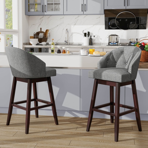 Costway Set of 2 Swivel Bar Stools Tufted Bar Height Pub Chairs with Rubber Wood Legs
