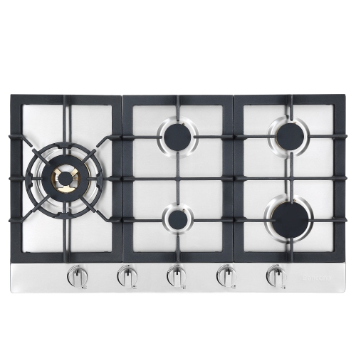 Surface de cuisson au gaz encastrable en acier inoxydable de 34 po d'Ancona avec 5 brûleurs en laiton et supports pour casseroles et wok en fonte