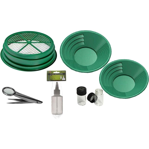 7pc Gold Panning Kit 1/4 Mesh Classifier, 14" & 10" Green Gold Pans, 2 vials, Sniffer Bottle, Tweezers with Magnifier