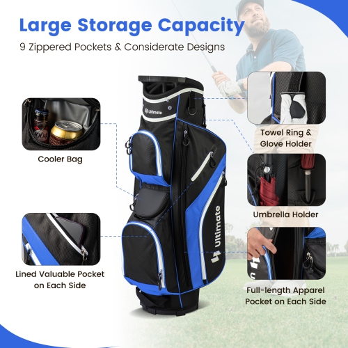 Costway Lightweight Golf Cart Bag with 14 Way Top Dividers 9 Pockets Rain Hood Cooler Bag