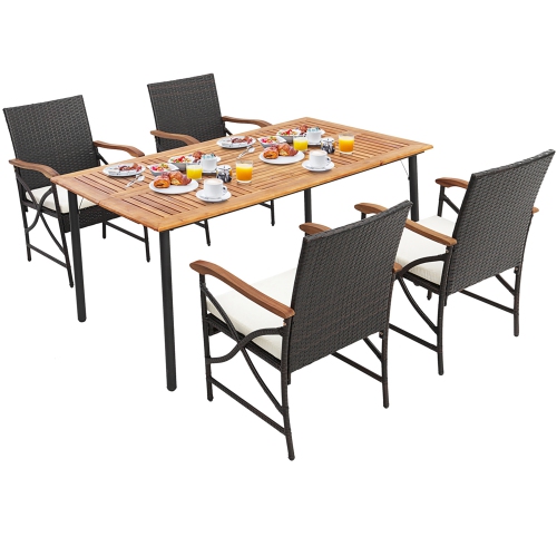 Costway 5PCS Patio Wicker Dining Set Cushion Armchairs Acacia Wood Table with Umbrella Hole