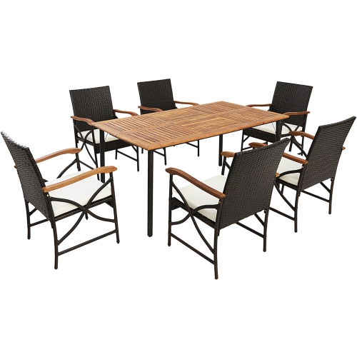 COSTWAY  7PCs Patio Wicker Dining Set Cushion Acacia Wood Armrests Table With Umbrella Hole