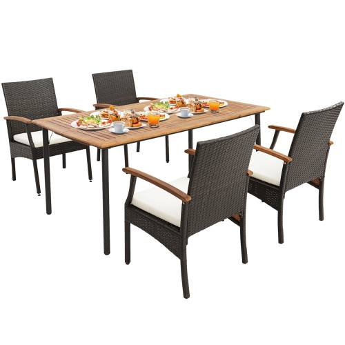 COSTWAY  5PCs Patio Wicker Dining Set Cushion Acacia Wood Armchairs Table With Umbrella Hole