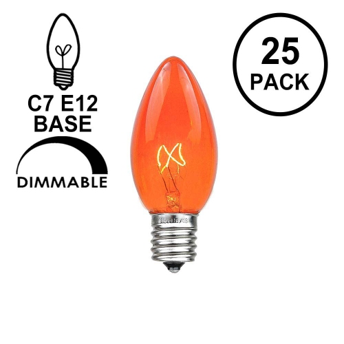 Novelty Lights 25 Pack C7 Outdoor Christmas Replacement Bulbs, C7/E12 Candelabra Base, 5 Watt