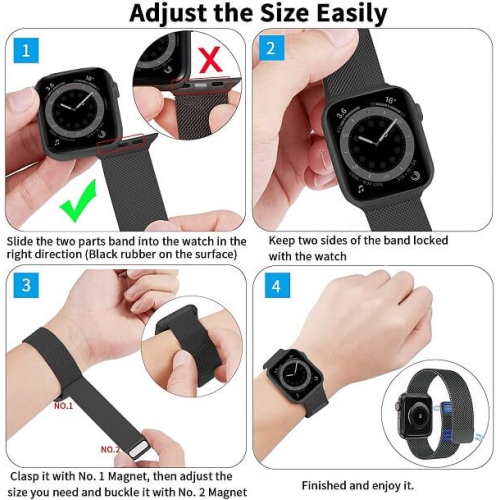 Apple Watch 44mm Band Stainless Steel Magnetic Loop Watch Band Milness Strap for iWatch SE Ultra Series 8 7 6 5 4 3 2 1 - Black