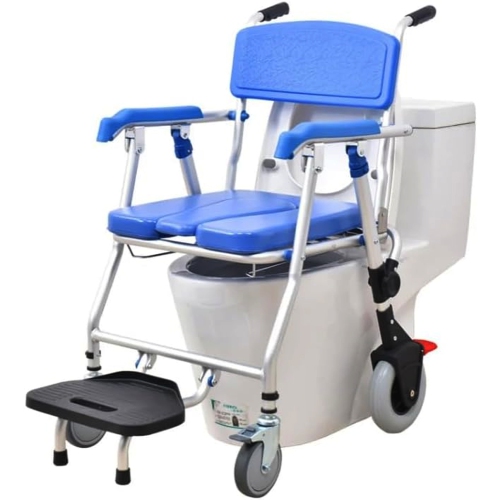 Chaise d’aisance médicale en fauteuil roulant une touche chaise d’aisance repliable toilettes chaise de douche utilisation comme toilette mobile