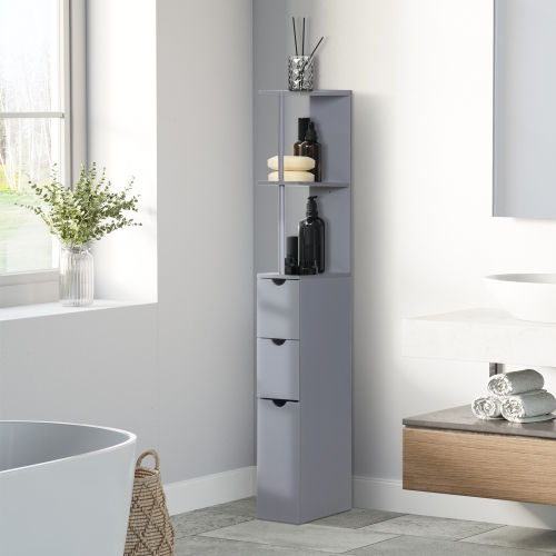 HOMCOM – Armoire de salle de bain étroite, armoire de rangement mince pour salle de bain avec tiroirs, armoire et tablettes ouvertes, armoire en lin,