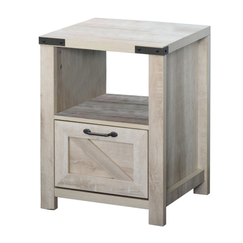 HOMCOM  Side Table With Storage, Farmhouse End Table With Drawer, Open Shelf And Barn-Style Panel, Accent Table for Living Room, Bedroom, Oak