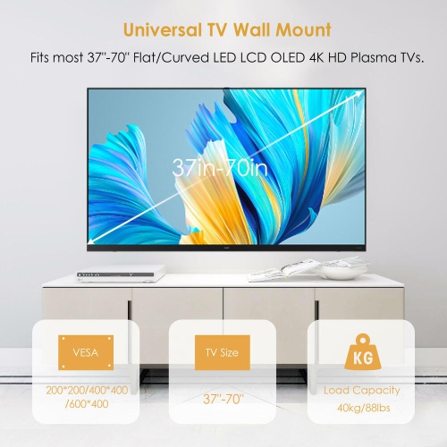 37-70 inch Full Motion TV Wall Mount with Articulating Dual Support 6-Arms Holds up to 88lbs and Max VESA 600 x 400mm
