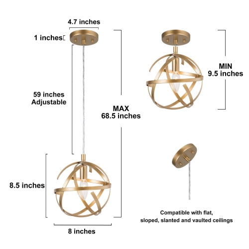 Modern Gold Globe Pendant Light, Gold In Geometric Rattan Globe Modern/Contemporary Globe LED Mini Hanging Kitchen Island Light