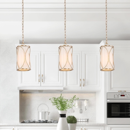 Modern Drum Island Pendant Light 1-Light Brass Gold Cage Chandelier Pendant Ceiling Light with Fabric Shade
