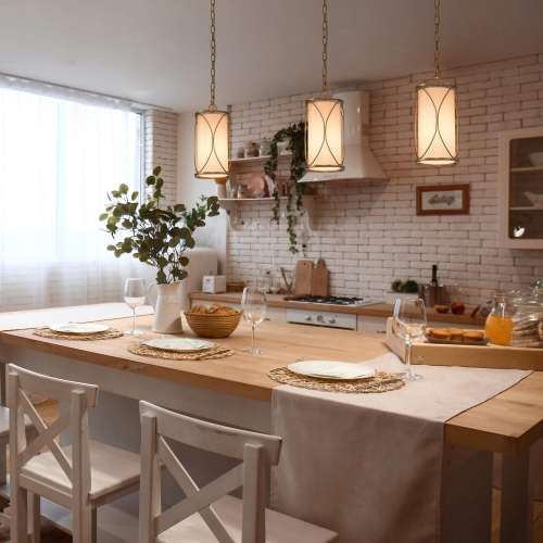 Modern Drum Island Pendant Light 1-Light Brass Gold Cage Chandelier Pendant Ceiling Light with Fabric Shade