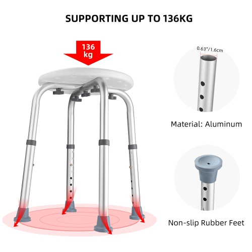 Chaise de douche à hauteur réglable à 8 niveaux, tabouret de douche de bain pour douche intérieure avec pieds en caoutchouc stables, pieds