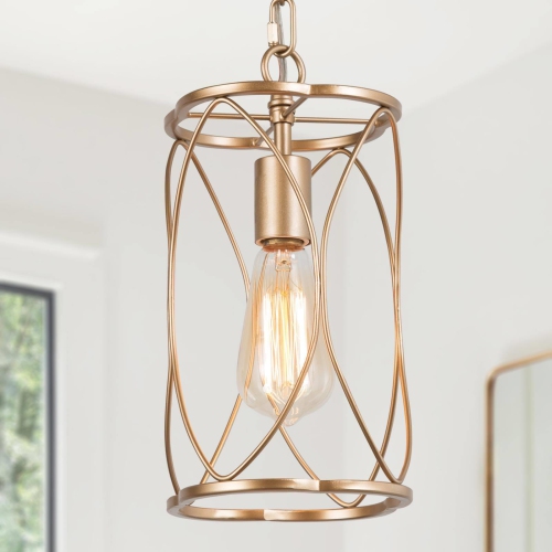 UOLFIN  Modern Dining Room Pendant Light, 1-Light Antique Island Pendant Light With Wire Metal Cage In Gold