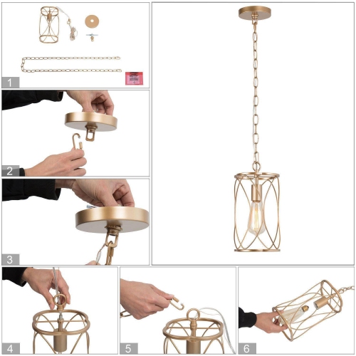 Modern Gold Dining Room Pendant Light, 1-Light Antique Island Pendant Light with Wire Metal Cage