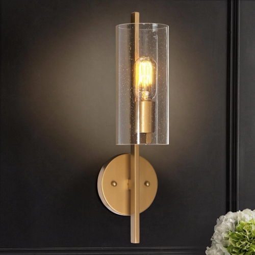 Modern Cylinder Powder Room Wall Sconce 1-Light Gold Bathroom Vanity Light with Seeded Glass Shade