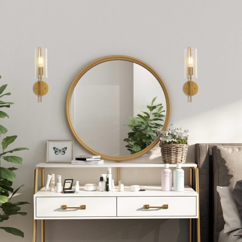 Modern Cylinder Powder Room Wall Sconce 1-Light Gold Bathroom Vanity Light with Seeded Glass Shade