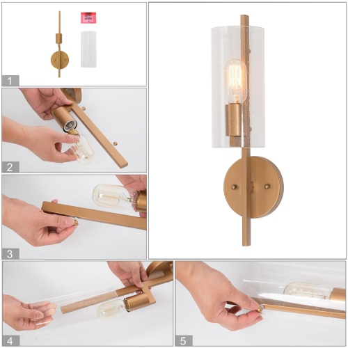 Modern Cylinder Powder Room Wall Sconce 1-Light Gold Bathroom Vanity Light with Seeded Glass Shade