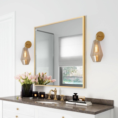 Modern Geometric Wall Sconce Transitional 1-Light Bathroom Brass Gold Vanity Light with Frosted Glass Shade