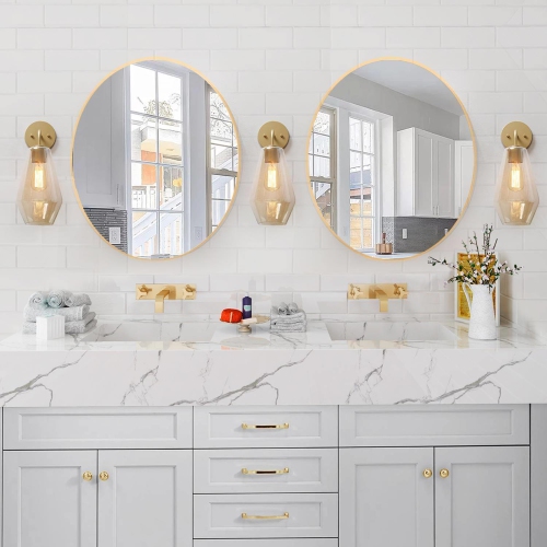 Modern Geometric Wall Sconce Transitional 1-Light Bathroom Brass Gold Vanity Light with Frosted Glass Shade