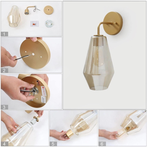 Modern Geometric Wall Sconce Transitional 1-Light Bathroom Brass Gold Vanity Light with Frosted Glass Shade