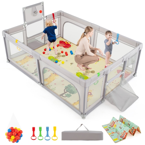 Gymax Baby Playpen Large Safe Play Yard Fun Activity Center with Mat & Soccer Nets