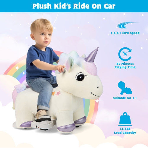 Gymax 6V Electric Animal Ride On Toy Unicorn Kids Plush Ride-on w/ Music & Handlebars