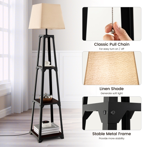 Gymax Trapezoidal Floor Lamp Tier Storage Lamp with Linen Shade for Bedroom Study